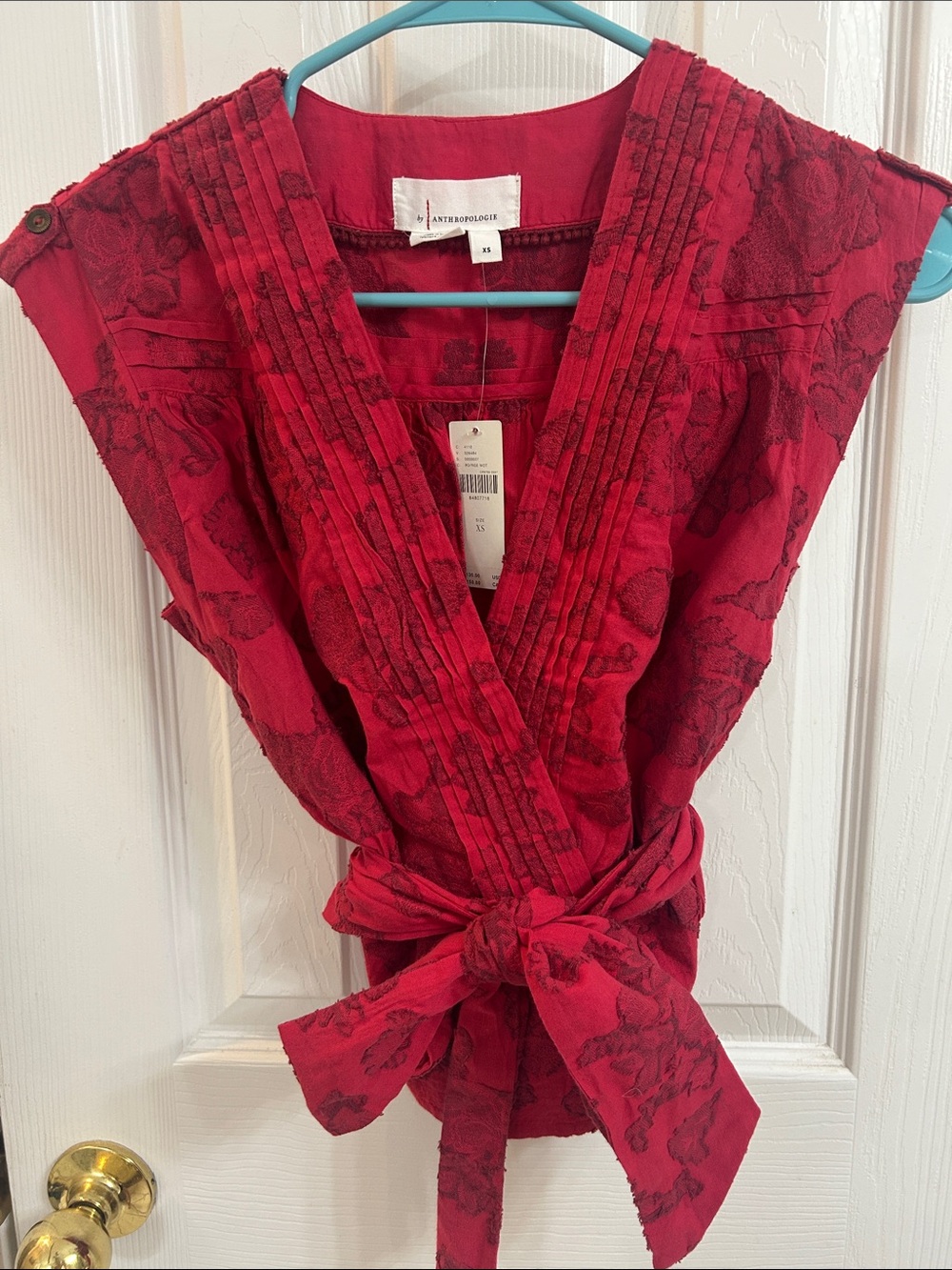 Anthropologie Deep Red Floral Tie-Front Blouse